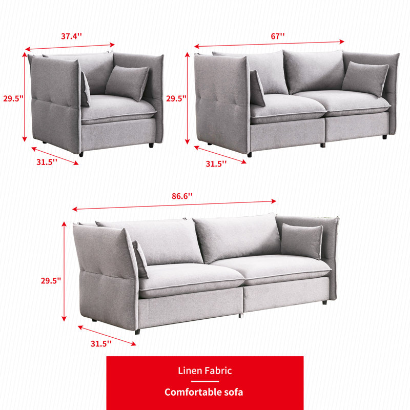 3 - Piece Living Room Set, Light Gray Fabric