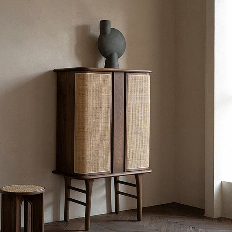 Black Walnut Rattan Door Storage Sideboard Accent Cabinet