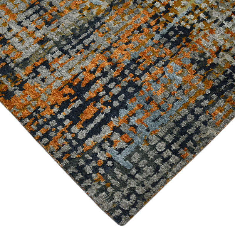 Gray Abstract Hand-Knotted Wool and Silk 9'x12' Rug
