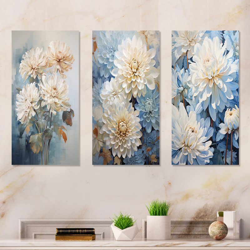 Minimalisme Blooming Mums, peinture en bleu et blanc, H 28 po x l 36 po