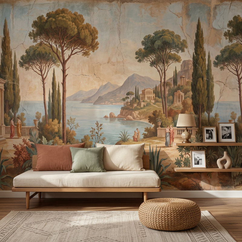 Panneau mural méditerranéen classique Fresco Coastal Landscape, Texturé non collé, 160 po x 108 po