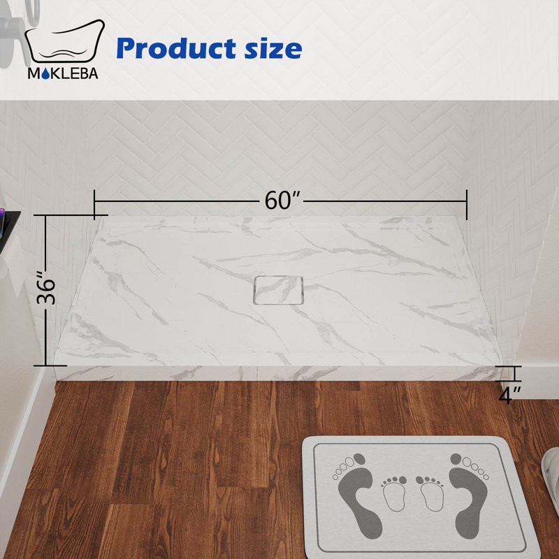 60 In. L X 36 In. W Rectangle White Marble Pattern Alcove Acrylic Bathroom Shower Pan Base With Center Hand Drain