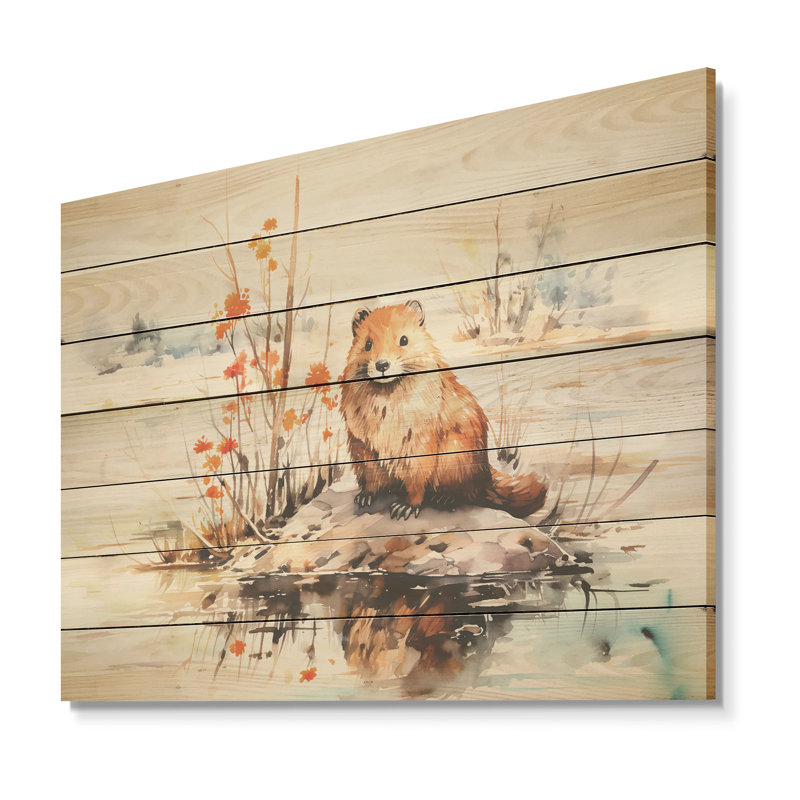 Watercolor Stream Beaver Serenity I - Castor sur bois, H 10 po x l 20 po x P 0,78 po