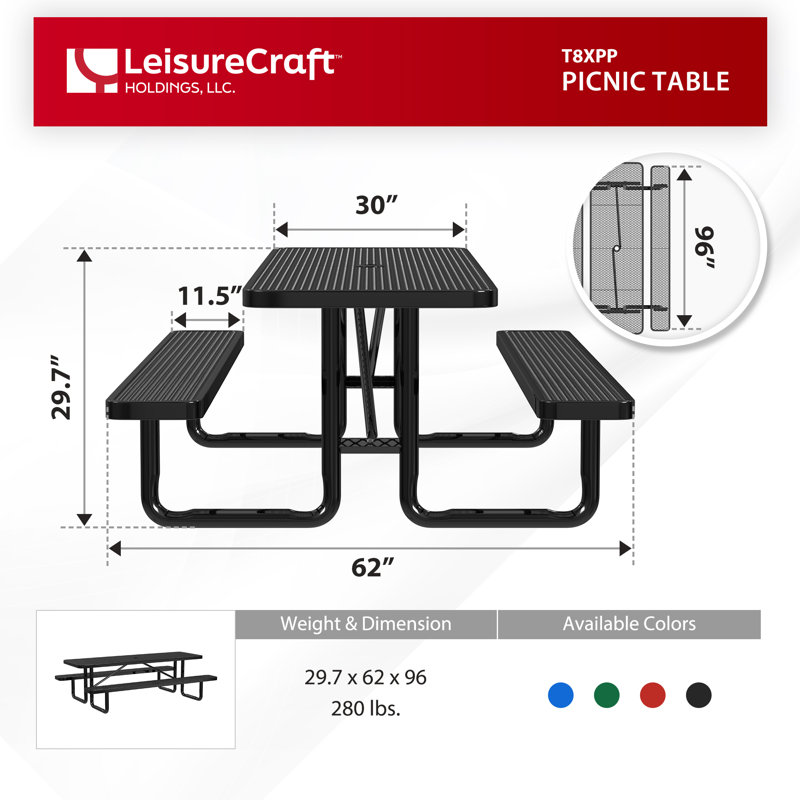 Table de pique-nique d'extérieur standard Leisure Craft, Noir, noir, noir, noir, L 96 po
