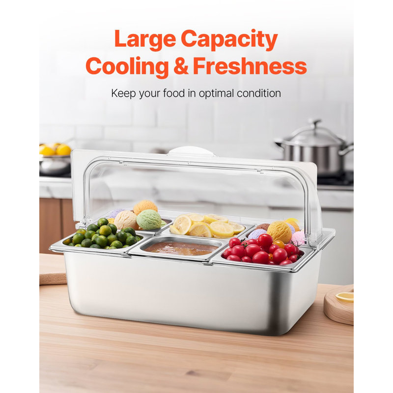 Présentoir de comptoir pour le service des aliments, plateau de service à 6 compartiments en acier inoxydable, distributeur de condiments pour buffet avec couvercle transparent et 3 boîtes de congélation, idéal pour les cuisines de restaurants, d'hôtels et de fêtes.