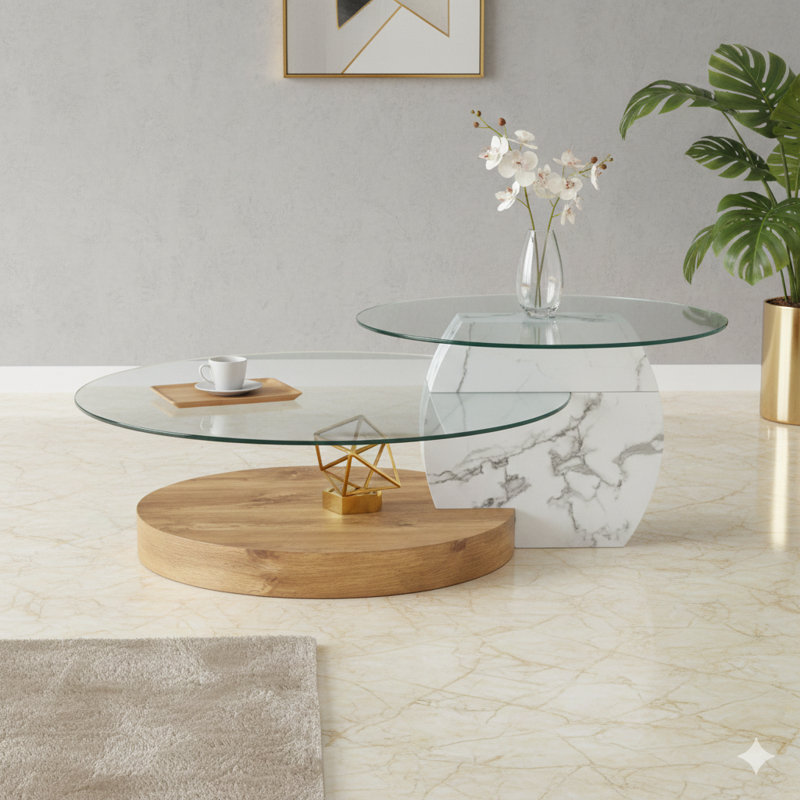 Table basse contemporaine à deux niveaux combinant des finitions en marbre blanc et grain de bois, plusieurs options de couleurs, faite de panneau de densité stratifié et de verre renforcé
