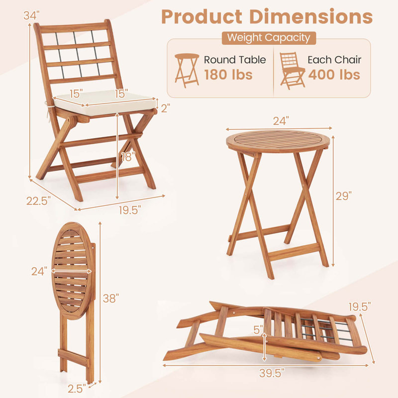 3 Pcs Acacia Wood Patio Bistro Set Folding Outdoor Table And Chairs With Cushions