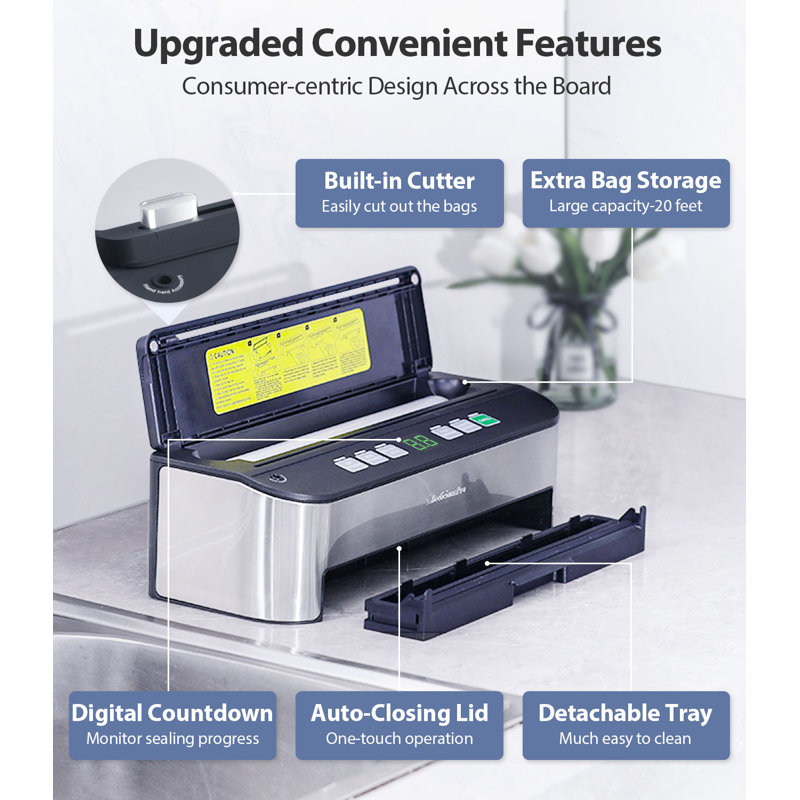 Beelicious 85KPA Vacuum Sealer Machine, 8-IN-1 Fully Automatic with Bags Storage, Built-in Cutter, Moist Mode, Air Suction Hose & Digital Countdown