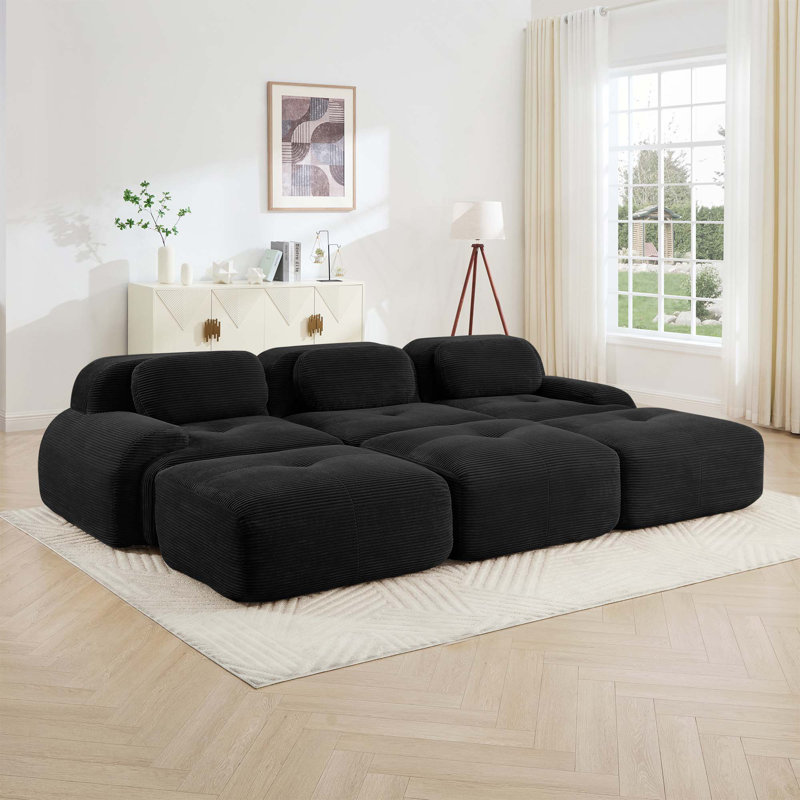 Canapé en velours côtelé 3 places avec accoudoirs incurvés et 3 repose-pieds pour le salon et la chambre à coucher, Black