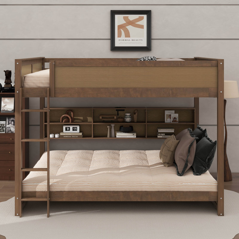 Lit superposé surdimensionné pour grand lit avec ports USB et compartiments de rangement, Bois antique