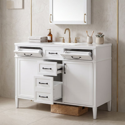 Meuble-lavabo autoportant contemporain avec comptoir en composite, tablettes réglables et portes à fermeture en douceur