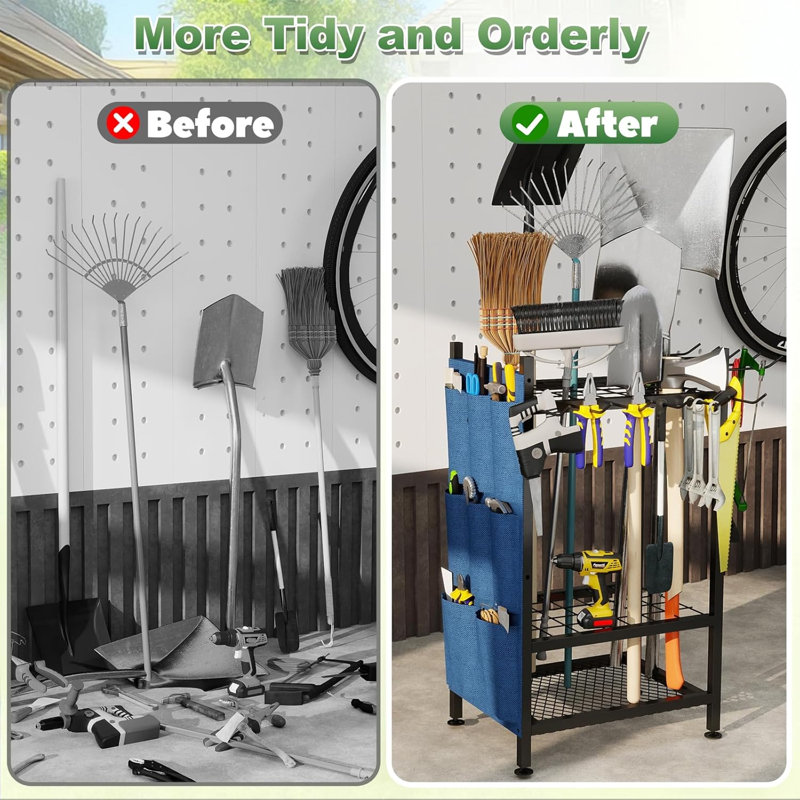 Garden Yard Tool Organizer Rack with Hooks and Side Pockets Holding Long Handled Tools