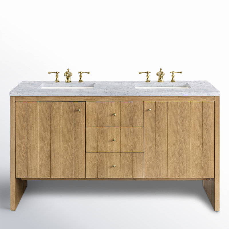 Hudson 60'' Double Bathroom Vanity with Top, Carrara White, 8" Widespread, Light Natural Oak