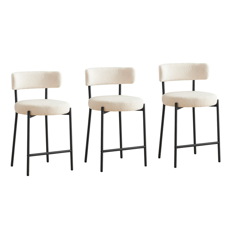 25" Upholstered Modern Counter Height Bar Stools with Curved Back and Metal Frame, White Faux Fur