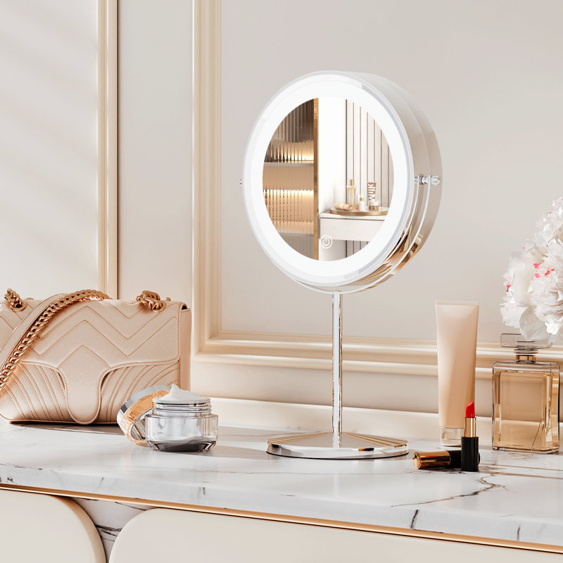 Circular Free Standing LED Make Up Mirror 10X Magnification, 360 Degree Swivel, Silver