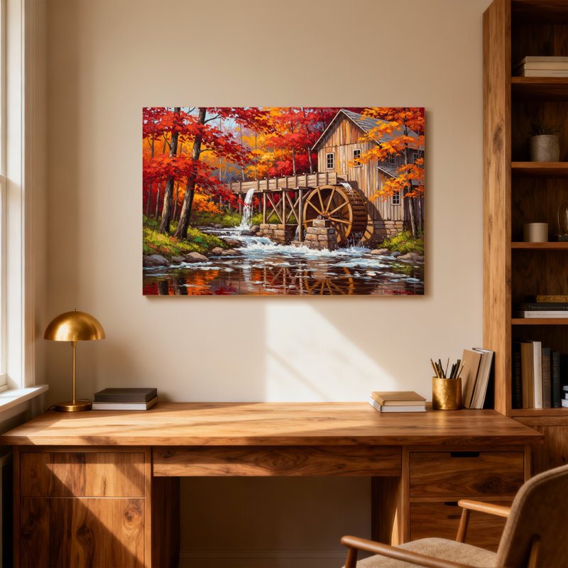 Paysage et nature, automne, cascade, arbres, reflet, rivière, maison en bois, H 16 po x l 24 po