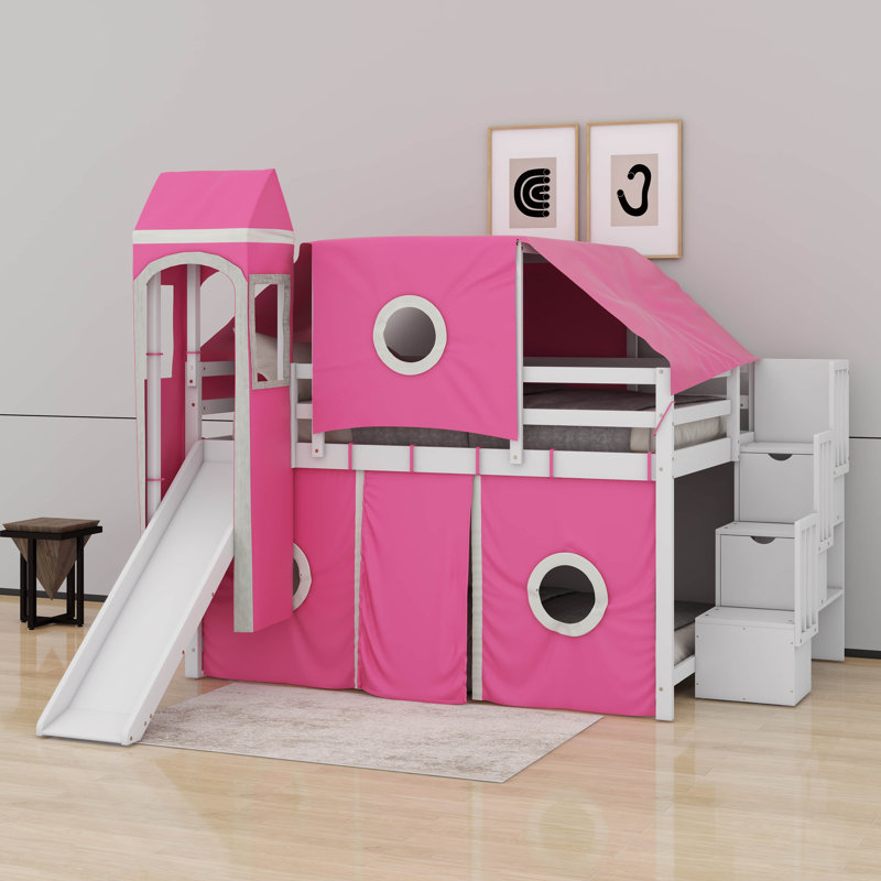 Lit mezzanine double avec tour et tente, Rose