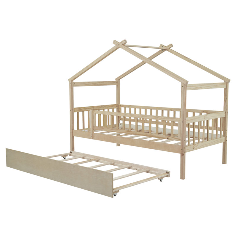 Lit en bois avec lit gigogne simple, Naturel, Simple