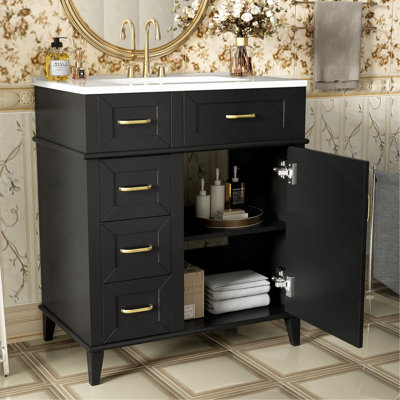 Meuble-lavabo de 30 pouces avec lavabo en céramique, tablette réglable, porte à fermeture en douceur et trois tiroirs à fermeture en douceur