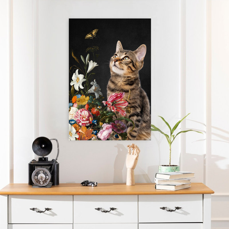 Art contemporain, chat, chats et papillons, H 24 po x l 16 po