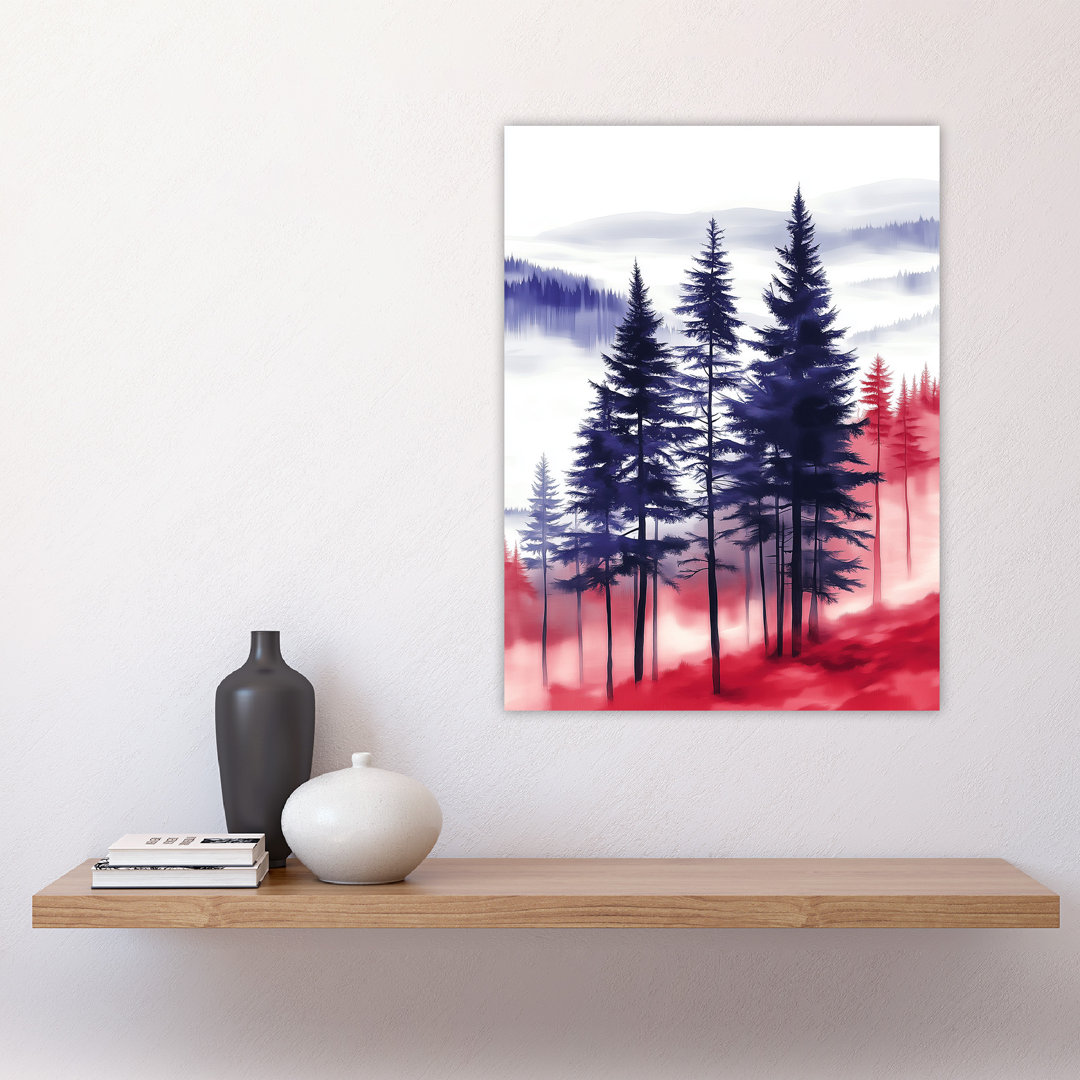 Misty Pine Tree Forest Red Landscape Wall Art Print