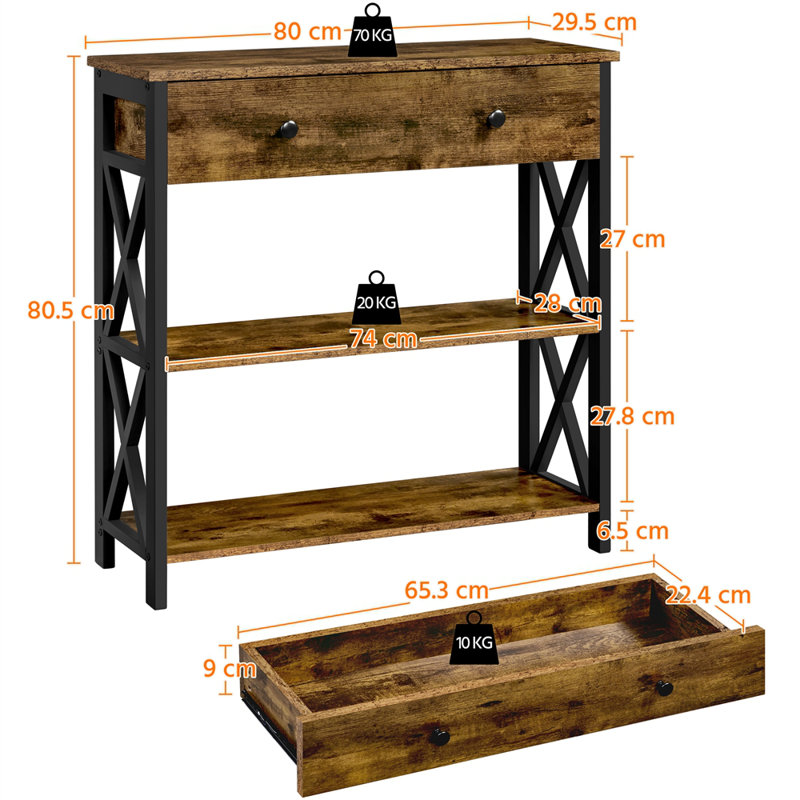 80cm Console Table with 1 Drawer and 2 Open Shelves, Rustic Brown