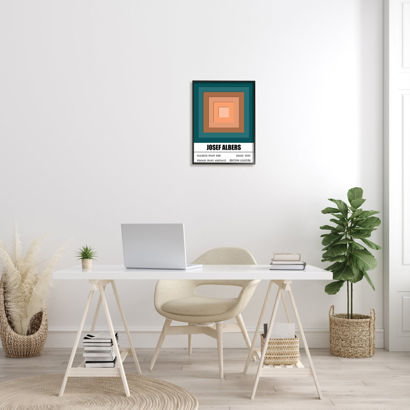 Abstraction traditionnelle à motif géométrique de formes carrées, H 20 po x l 16 po, Giclée encadrée noir minuit
