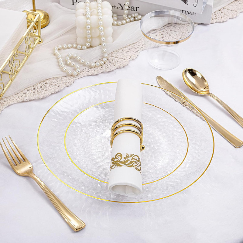 Service de vaisselle jetable transparent pour 25 personnes Gold Gold