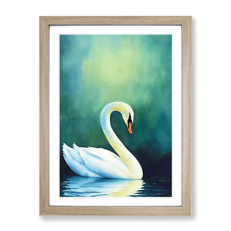 Watercolour Swan - Single Picture Frame Painting, 34cm H x 25cm W x 2cm D, Oak