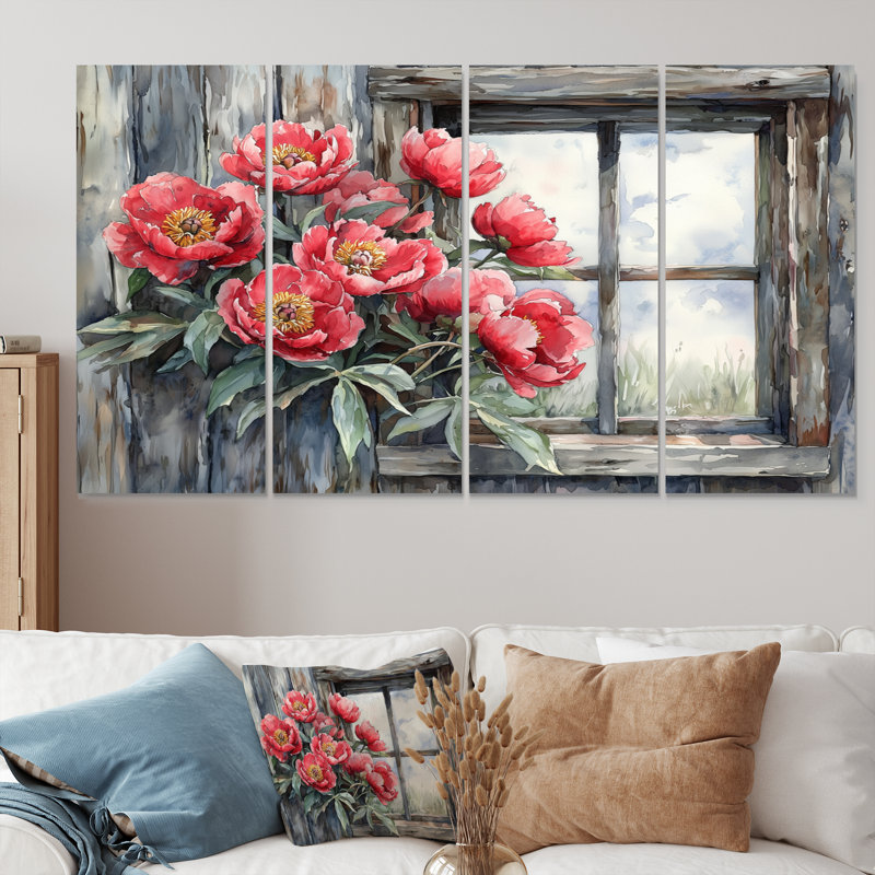 Pivoines à la fenêtre de la grange, 4, H 28 po x l 48 po