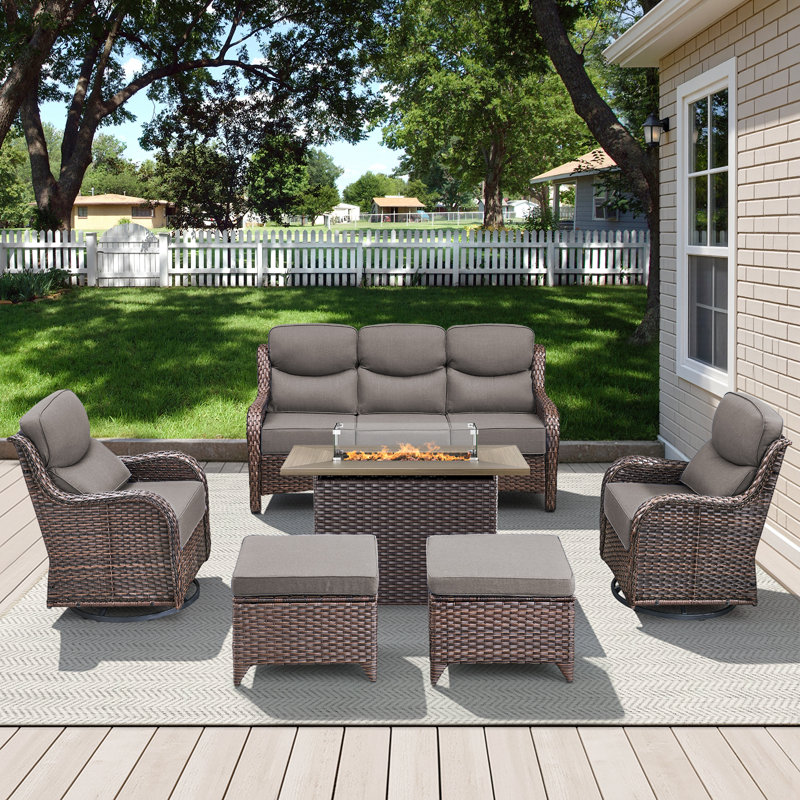 6-Piece Outdoor Wicker Sofa Conversation Set With Swivel Rockers And Fire Pit, Brown, Gray