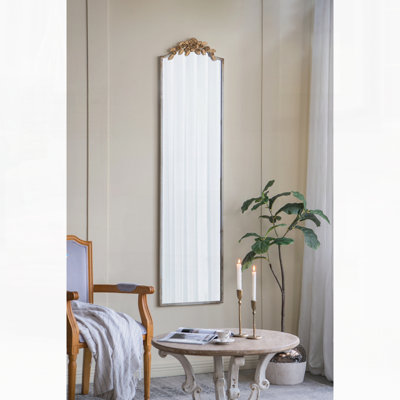 18.1x1.6x70.9" Large Rectangular Full-Length Mirror with Distressed Ivory Frame and Gold Floral Crown