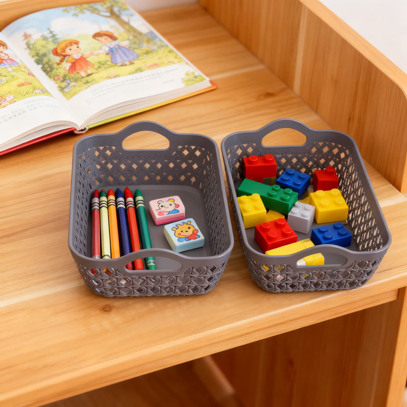 Plastic Storage Baskets With Handles, Ventilated Weave Design Organizer Bins For Home, Office, And Closet Organization, Set Of 12