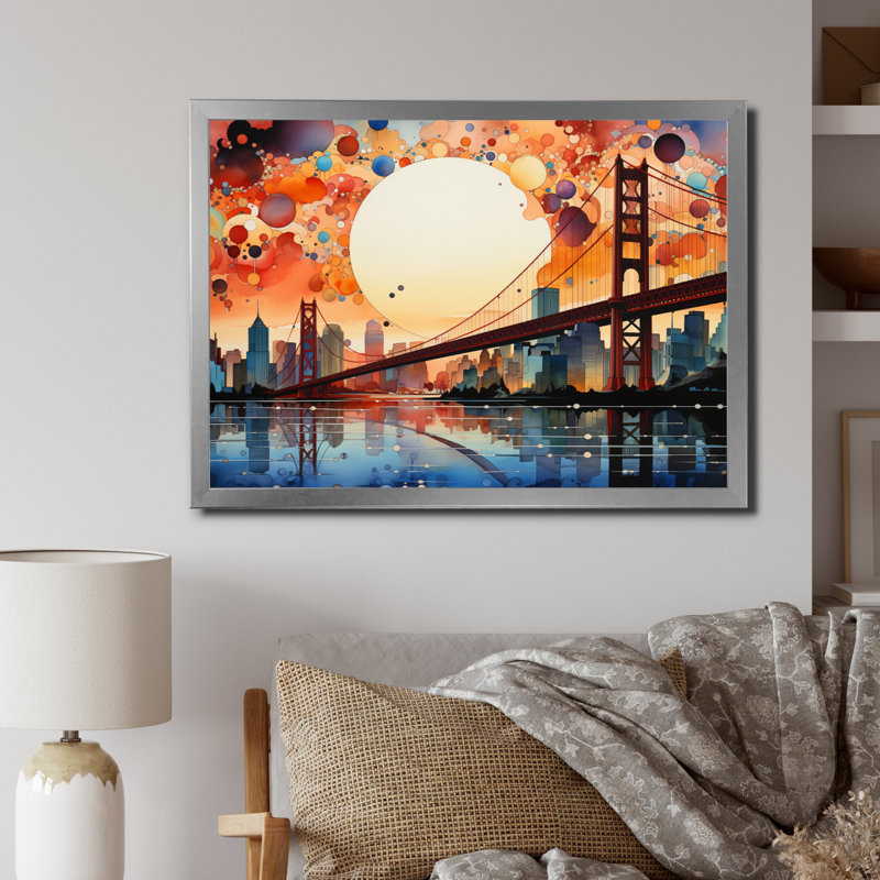 " Orange Bridge Gateway Pointillism I ", 34" H x 44" W x 1.5" D, Silver Picture Framed