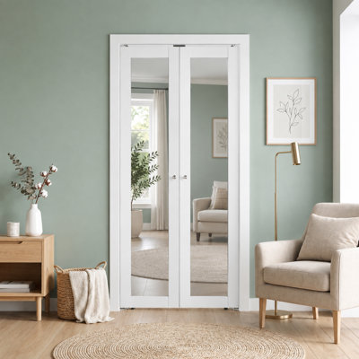 Mirrored Solid Manufactured Wood Pivot-French Door with Installation Hardware Kit