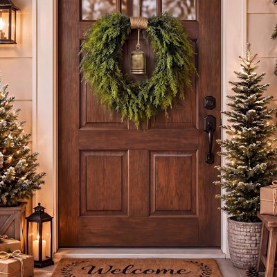 Heart Shaped Christmas Norfolk Pine Wreath With Rustic Bell, Vintage Faux Greenery Holiday Door Decor