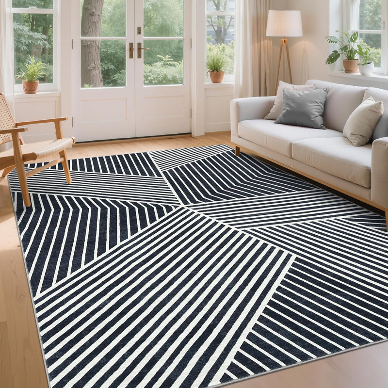 Modern Washable Striped Hallway Runner, Non-Slip, Low Pile, Farmhouse Rug for Kitchen & Laundry - Black, Rectangle 8' x 10'
