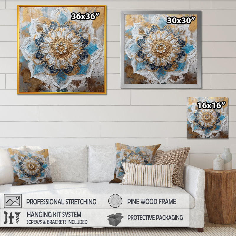 «Blue and Gold Mandala I» sur toile, H 30 po x l 30 po x P 1 po, Cadre flottant noir