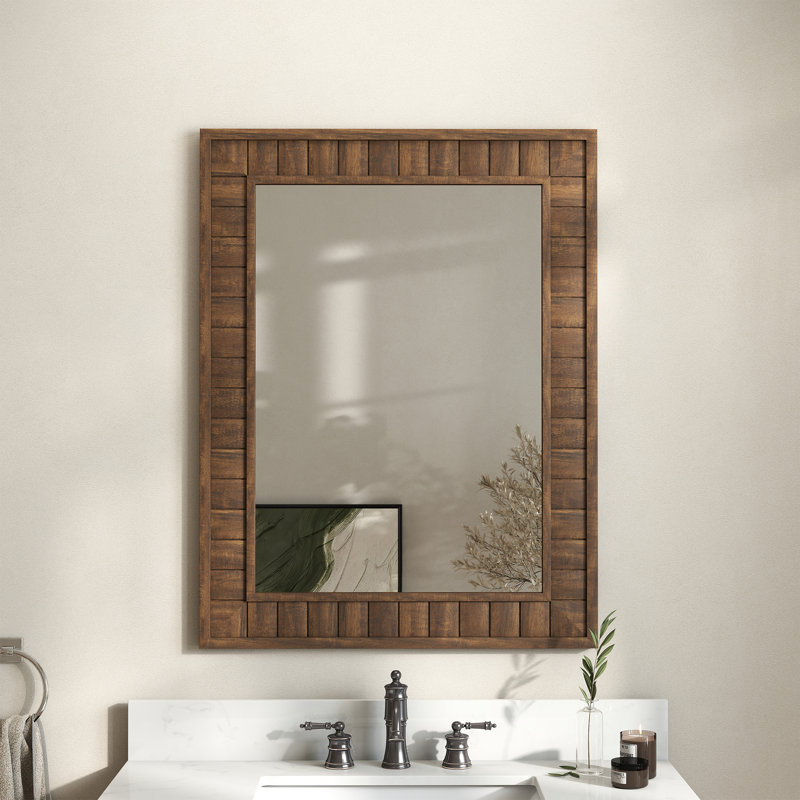 Rustic Farmhouse Rectangular Wall Mirror – Waterproof Accent Mirror For Bathroom & Entryway, Dark Brown Wood