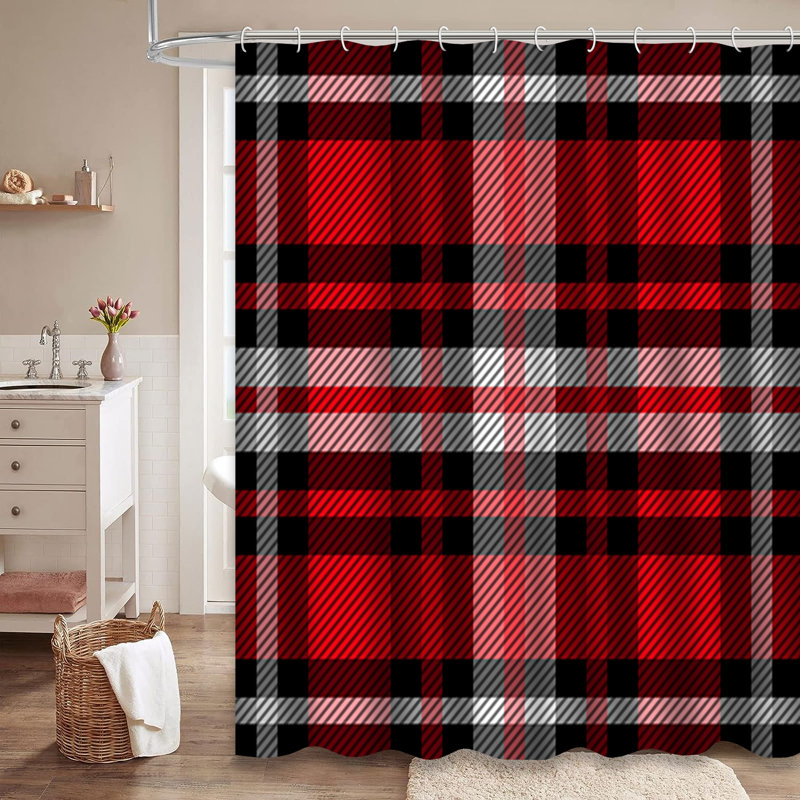 Rideau de douche vert tartan vert à carreaux rouges avec 12 crochets, L 72 po x l 78 po