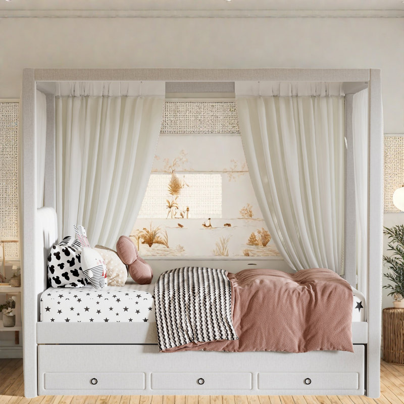 Upholstered Canopy Platform Bed With Trundle And Three Storage Drawers