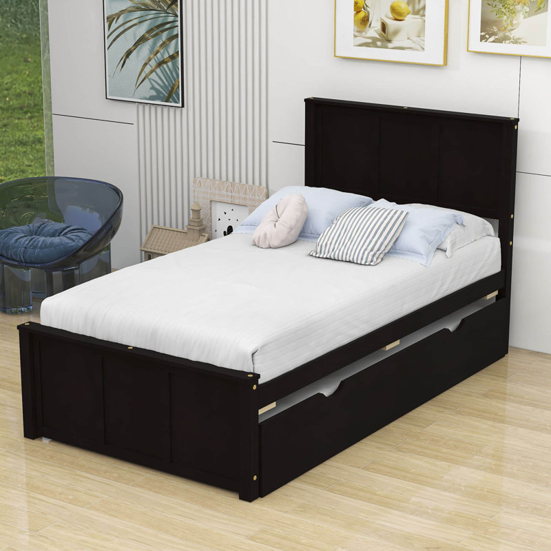 Dragojla Twin Size Wood Platform Bed with Trundle, Espresso
