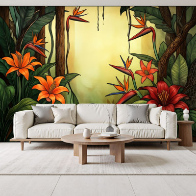 Peel and Stick Wallpaper Tropical Floral Garden Vibrant Birds Paradise Greenery Wall Murals 69"H x 96"W Removable PVC Wall Paper Self-Adhesive Wall Decor for Bedroom Living Room Home Office