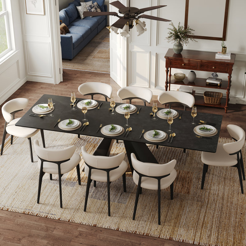 Drennen 63-95" Modern Extendable Dining Table Set With 8 Fully Assembled Faux Leather Dining Chairs, Dark Grey Sintered Stone Table Top