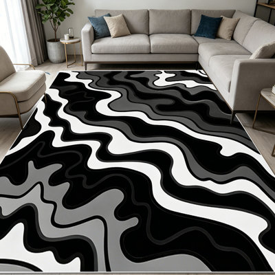 1PC black, gray and white wavy op art abstract area rugs for Living Room, Soft and Comfortable, Suitable for all seasons, easy-to-maintain, machine washable Indoor floor mat, Under Table Farmhouse suitable for kitchen, dining room, bedroom, entryway