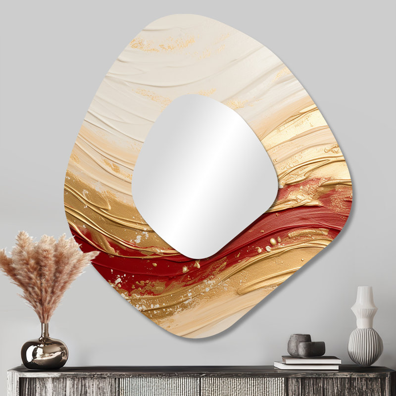 Gold And Red Soft Wave Fusion - Abstract Shapes Unique Shape Large Wall Mirror, Modern Asymmetrical Unique Mirror, Printed Metal Art