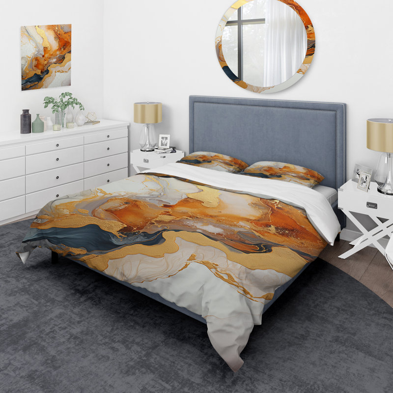 Ensemble de housse de couette Geode Lava I doré et blanc, Housse de couette pour très grand lit et 2 très 