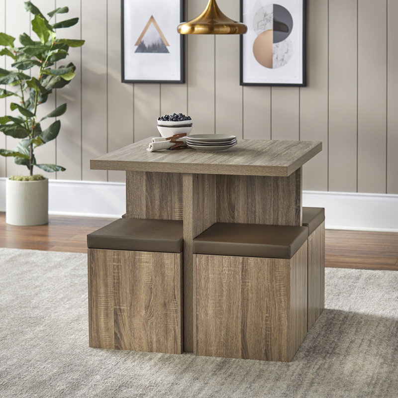 Badillo 4-Person Trestle Dining Set with Storage Stools, Brown