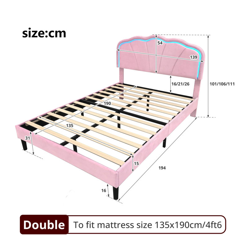 Upholstered Bed Pink Velvet With LED Adjustable Shell Shape Headboard (No Mattress), Double (4'6), Pink