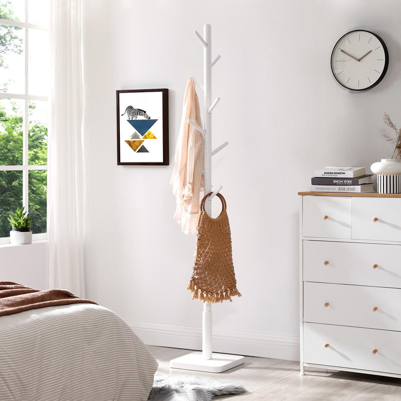 Trikomou Solid Wood 8-Hook Freestanding Coat Rack, Cloud White